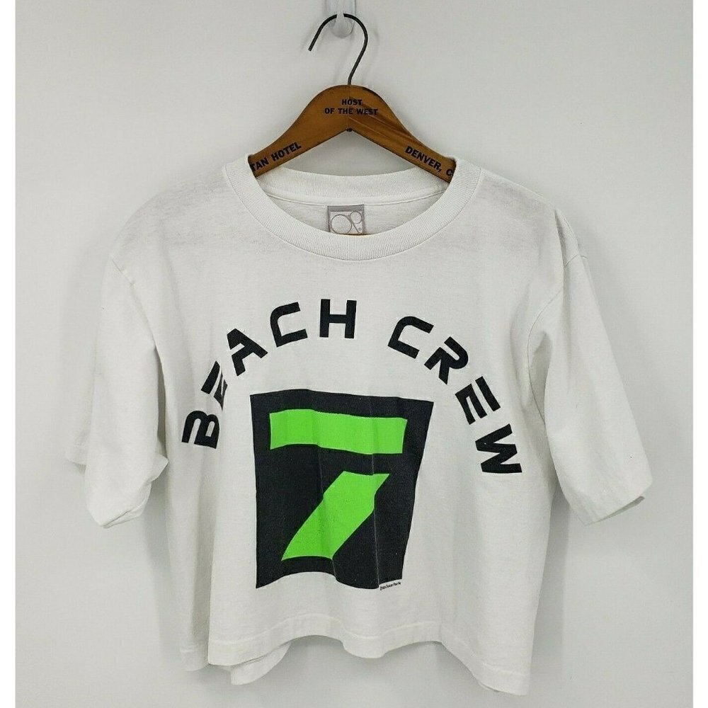 Vintage 1988 OP Beach Crew Tee One Size Cropped White TShirt Ocean Pacific